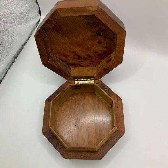 Wooden Octagon Carved Floral Heart Curly Wood Jewelry Trinket Box - Picture 6 of 9